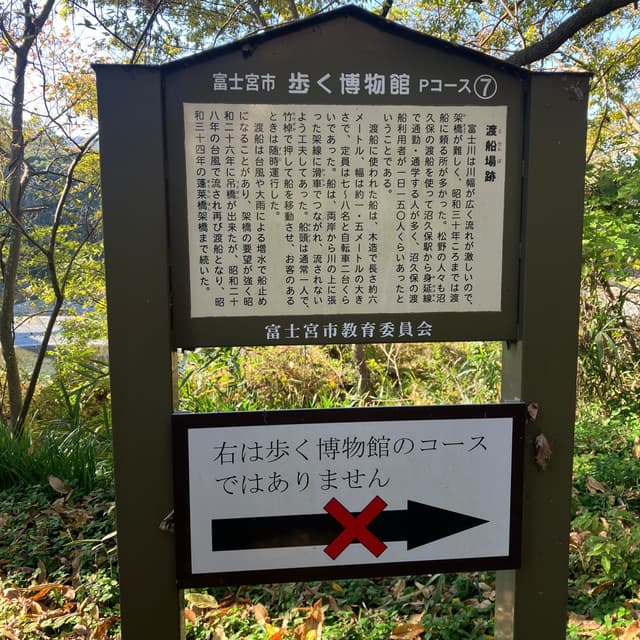 渡船場跡｜かつて逢来橋の少し上流の沼久保側の岩場と、対岸の富士市松野の河原との間に渡船が運航していた。昭和３４年（1959）、コンクリート製の逢来橋が開通し、渡船は廃止された。渡船は、川の上に張られたワイヤーロープに滑車を掛け、その滑車に舟をつないで急流に流されないように工夫されていた。